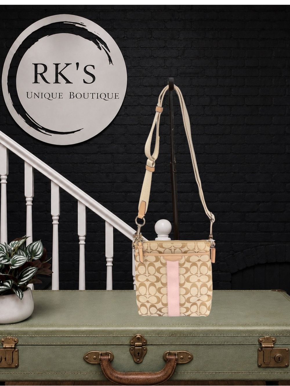 Coach Khaki Signature Canvas Crossbody with Pink Stripe